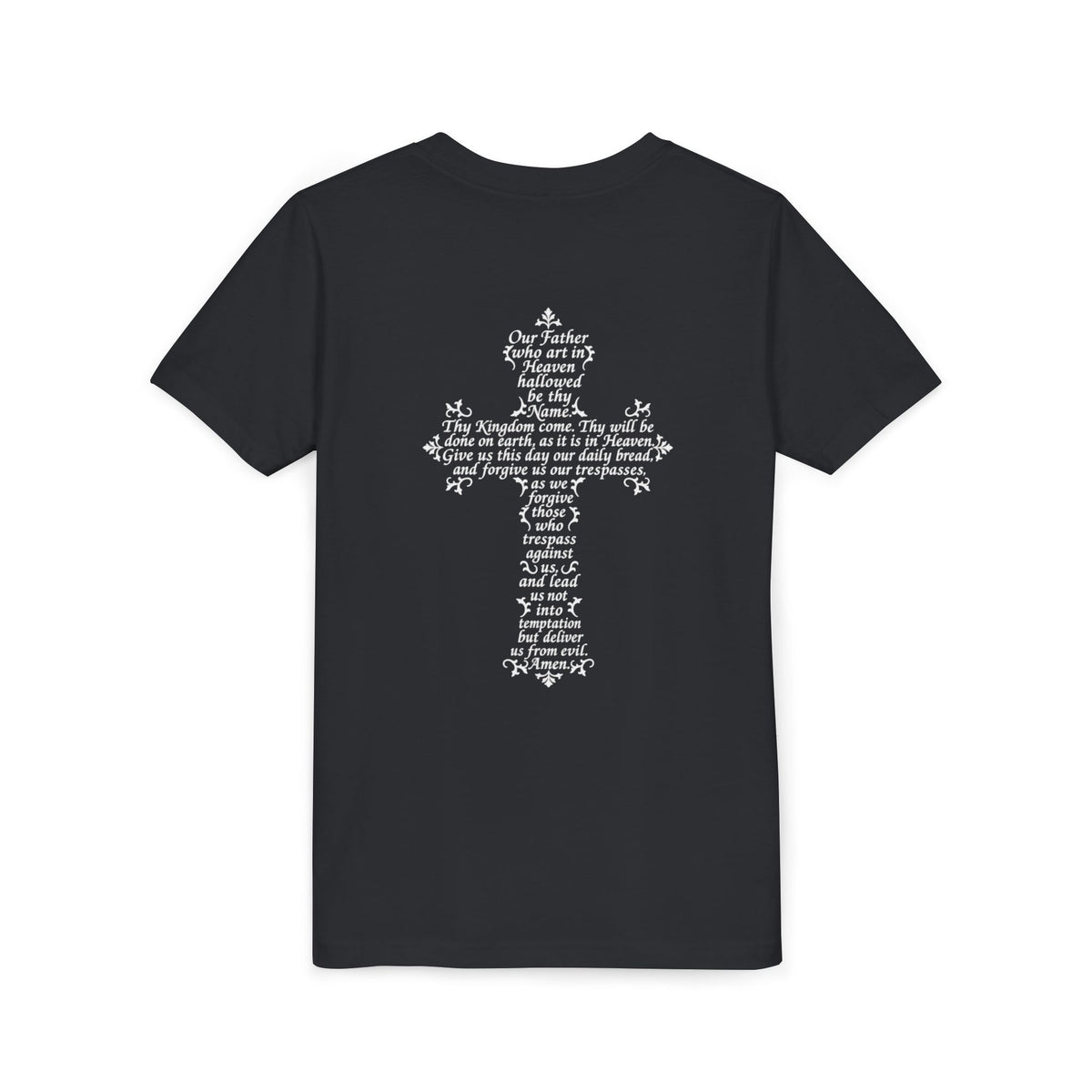Youth Tee — White Our Father + Cross Religious Graphic