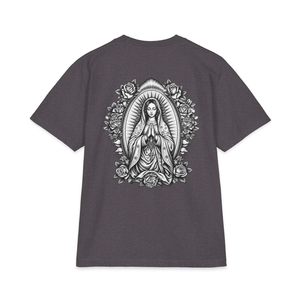Grey Wash Virgin Mary Sacred Heart Rose Graphic T-Shirt
