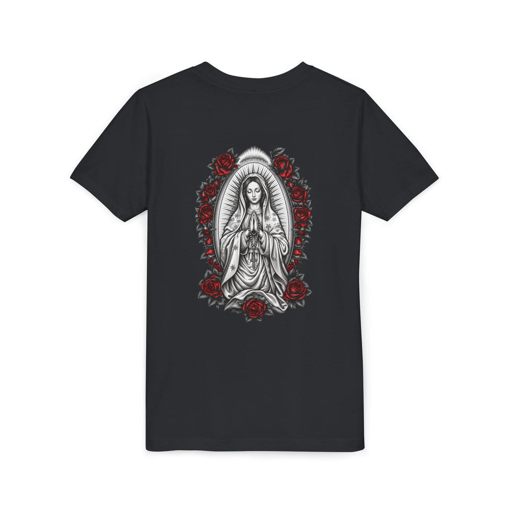Youth Tee — Mary Red Roses Religious Graphic