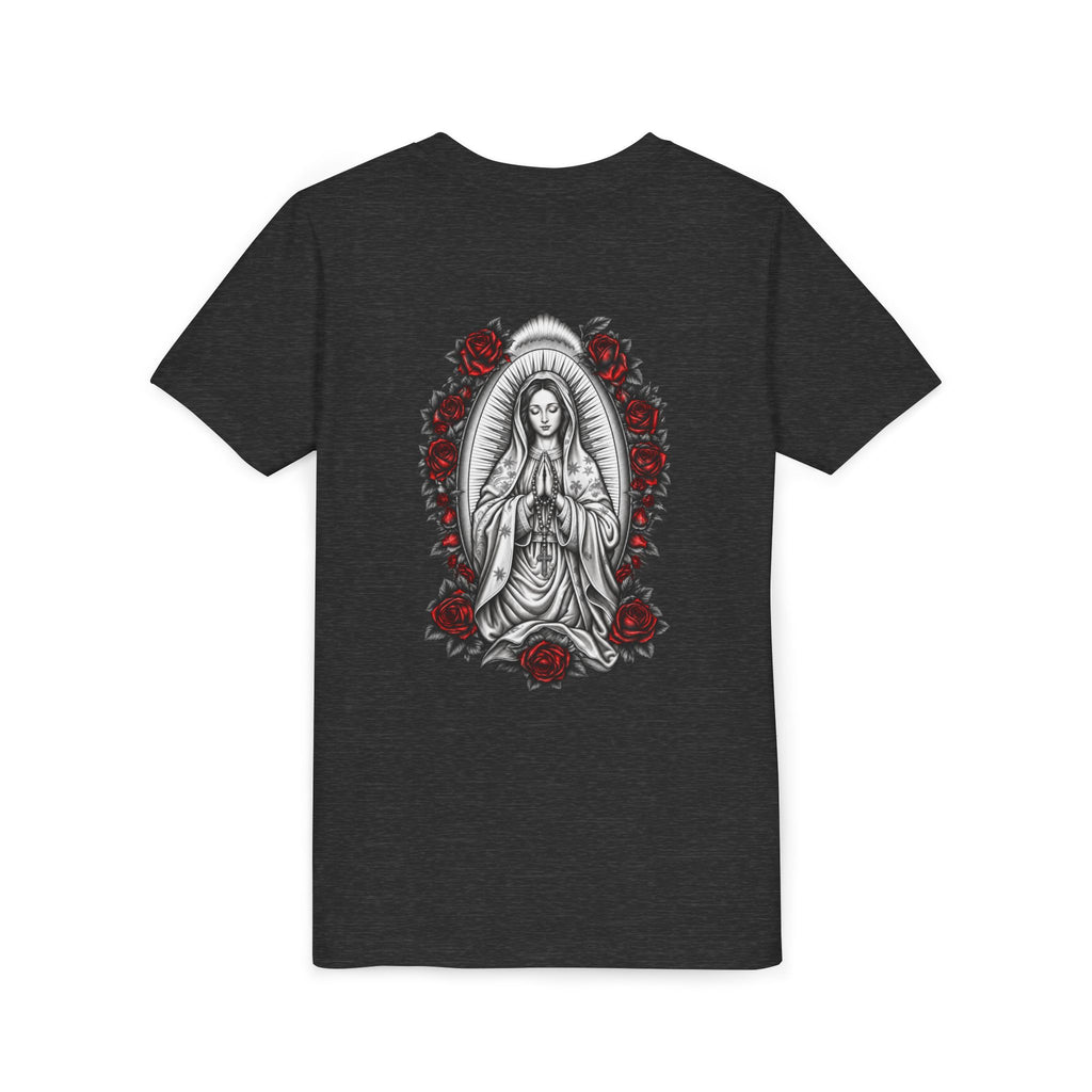 Youth Tee — Mary Red Roses Religious Graphic