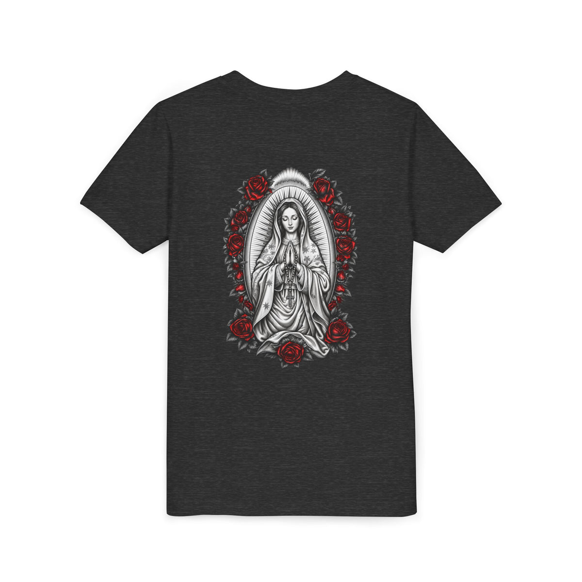 Youth Tee — Mary Red Roses Religious Graphic
