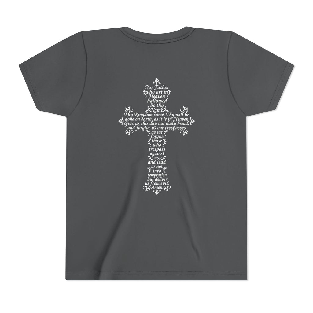 Youth Tee — White Our Father + Cross Religious Graphic