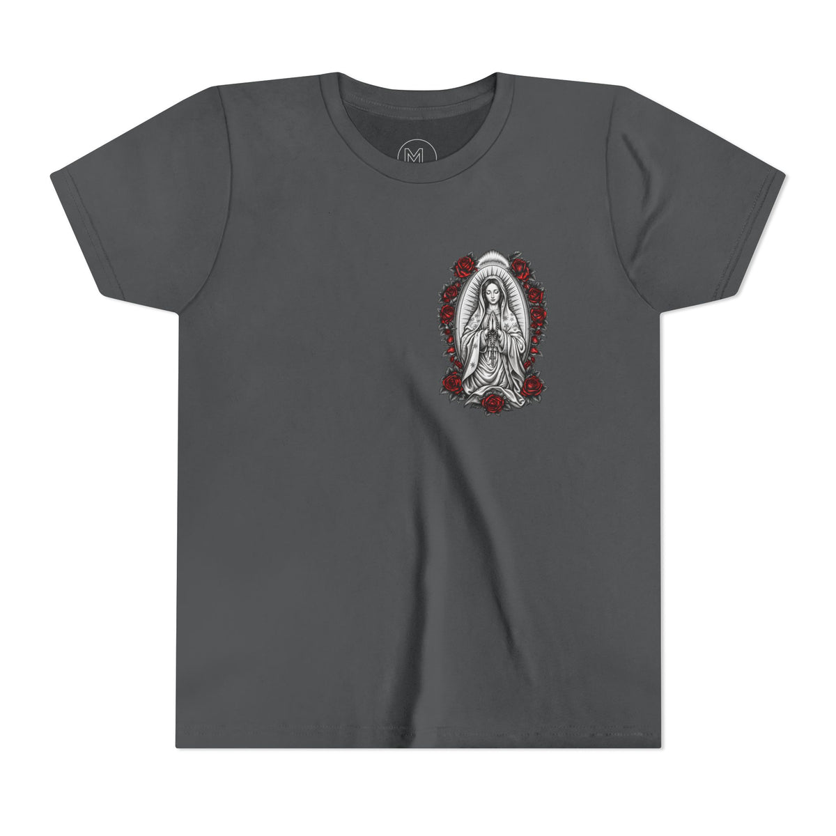 Youth Tee — Mary Red Roses Religious Graphic
