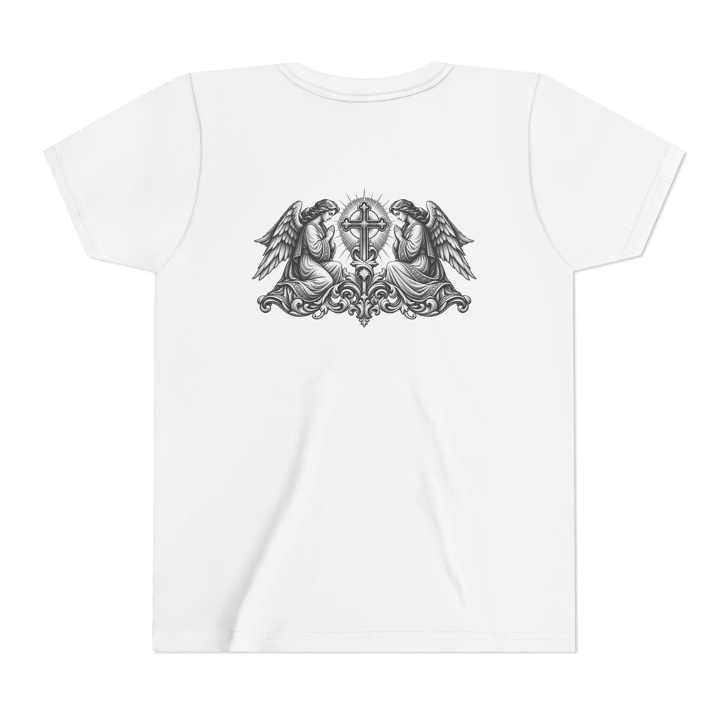 Youth Tee — Small Black Cross Front with Angel Back Religious Graphic