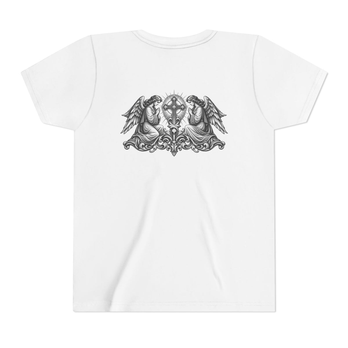 Youth Tee — Small Black Cross Front with Angel Back Religious Graphic