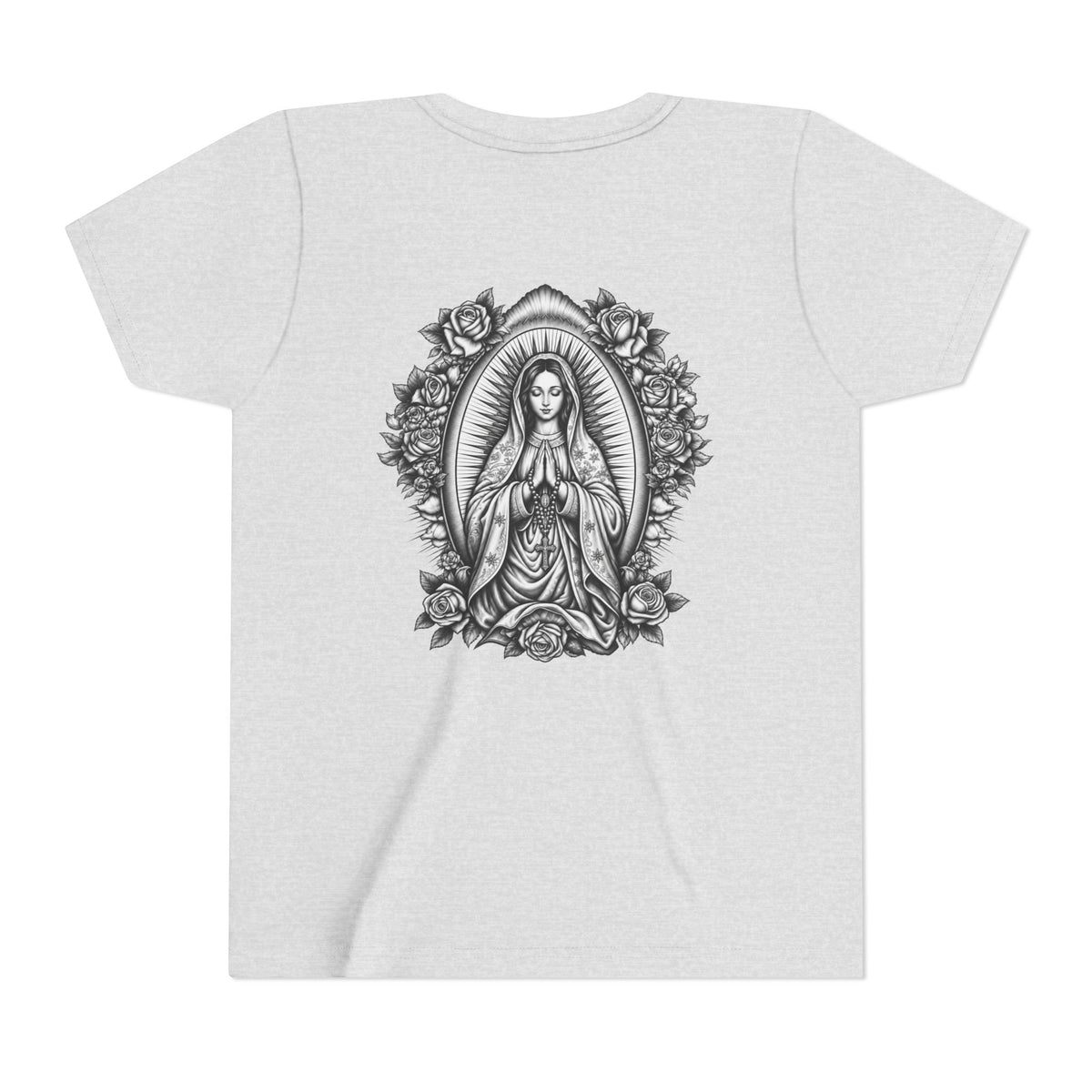 Youth Tee — Small Black Cross Front with Mary Religious Graphic