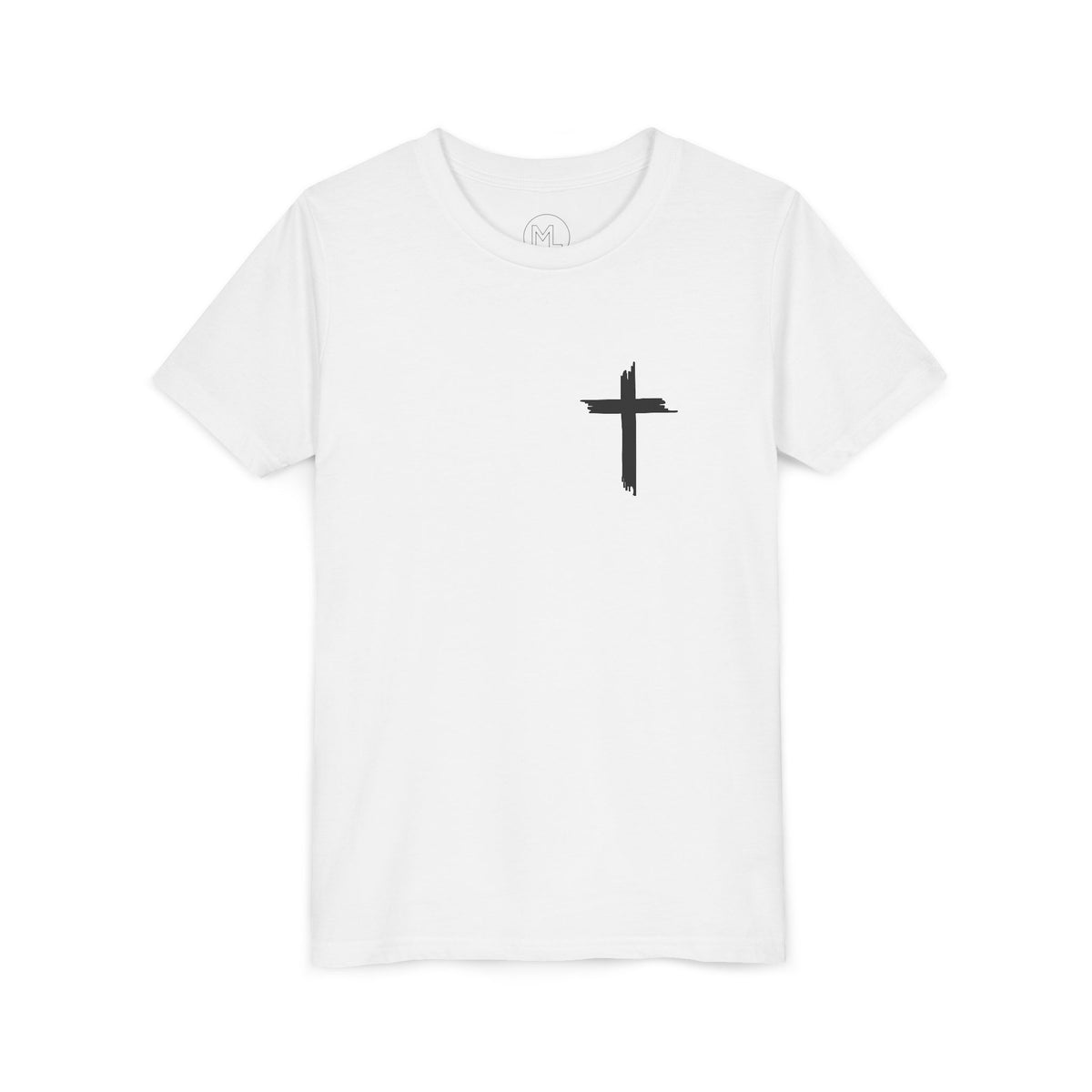 Youth Tee — Small Black Cross Front with Mary Religious Graphic