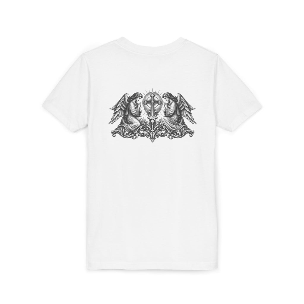 Youth Tee — Small Black Cross Front with Angel Back Religious Graphic