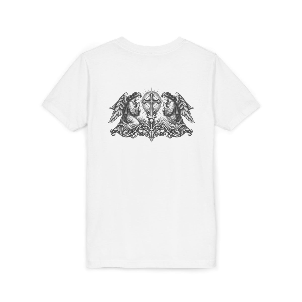 Youth Tee — Small Black Cross Front with Angel Back Religious Graphic