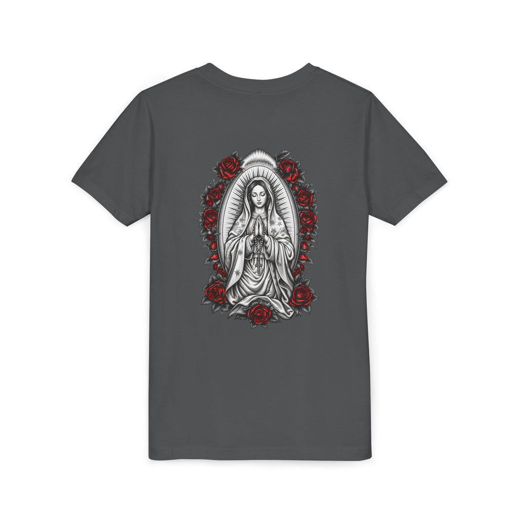 Youth Tee — Mary Red Roses Religious Graphic