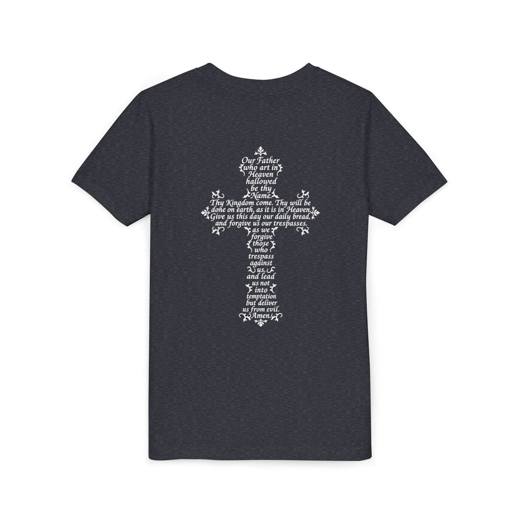 Youth Tee — White Our Father + Cross Religious Graphic