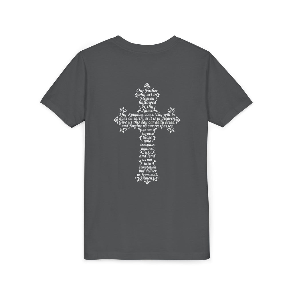 Youth Tee — White Our Father + Cross Religious Graphic