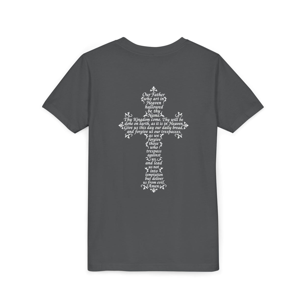 Youth Tee — White Our Father + Cross Religious Graphic