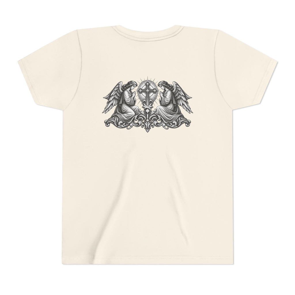 Youth Tee — Small Black Cross Front with Angel Back Religious Graphic