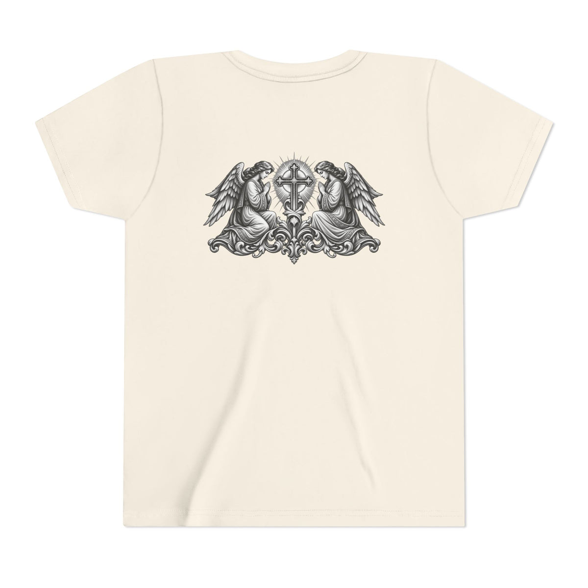 Youth Tee — Small Black Cross Front with Angel Back Religious Graphic