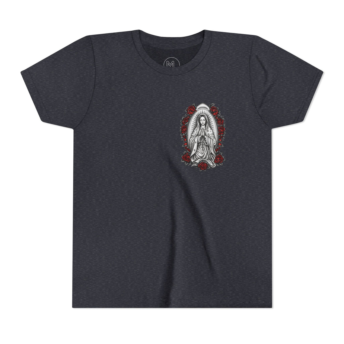 Youth Tee — Mary Red Roses Religious Graphic