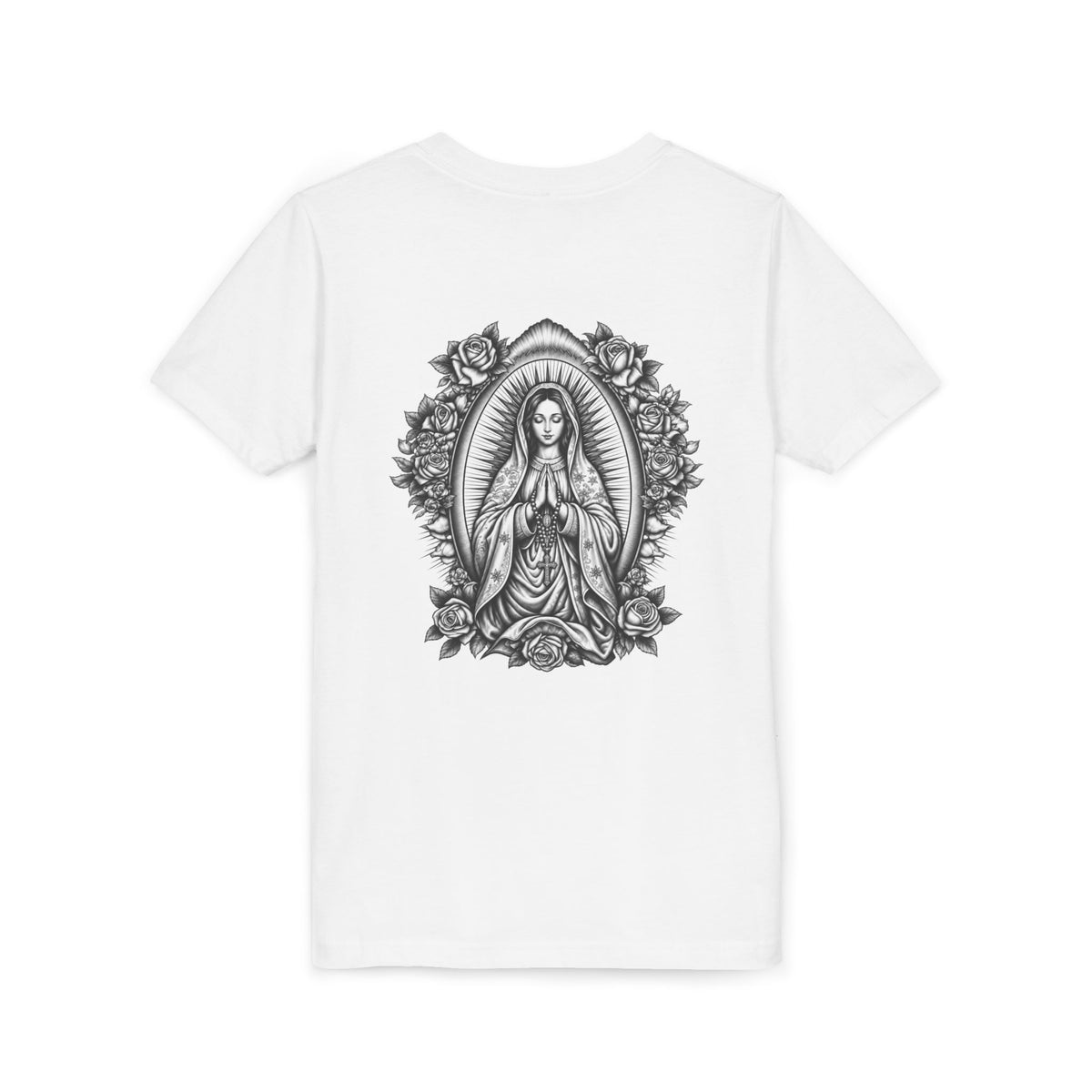 Youth Tee — Small Black Cross Front with Mary Religious Graphic