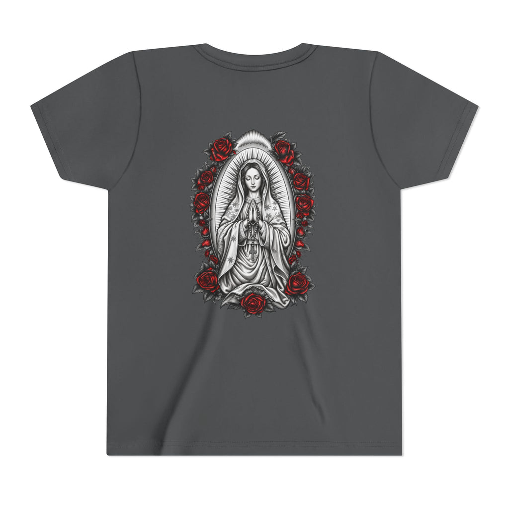 Youth Tee — Mary Red Roses Religious Graphic