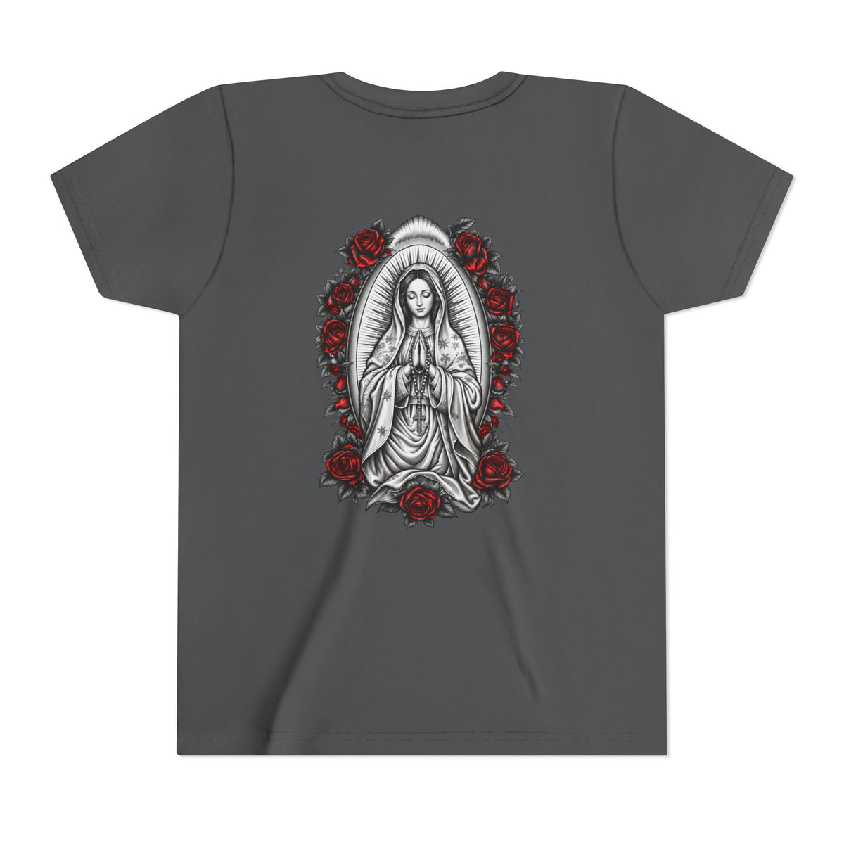 Youth Tee — Mary Red Roses Religious Graphic