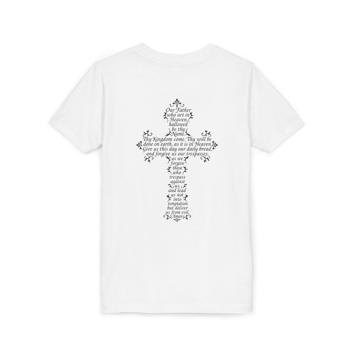 Youth Tee — Our Father + Cross  Religious Graphic