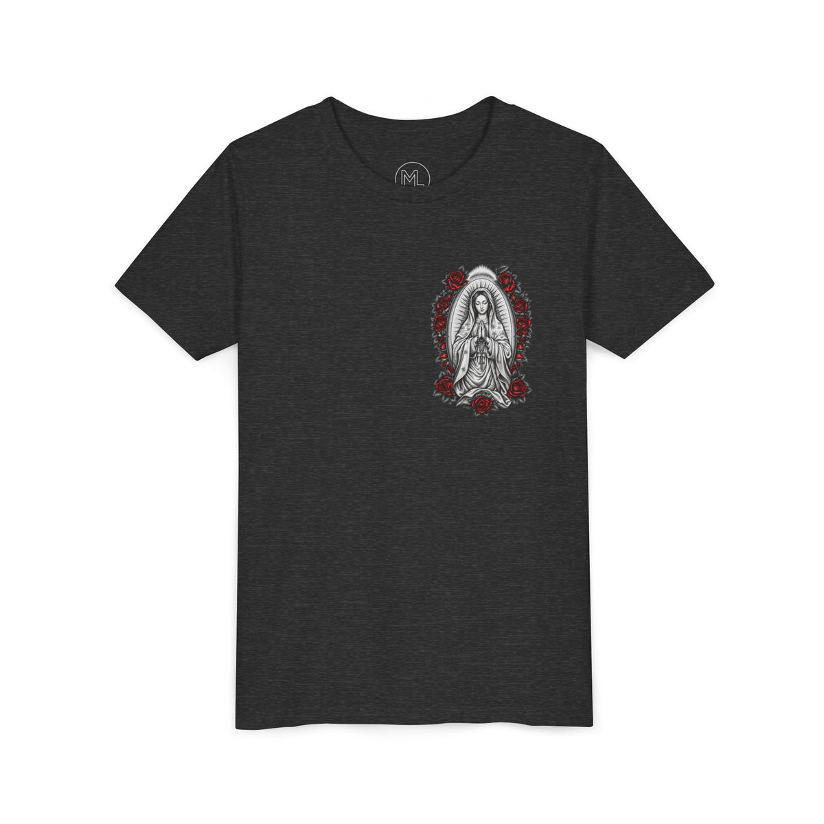 Youth Tee — Mary Red Roses Religious Graphic