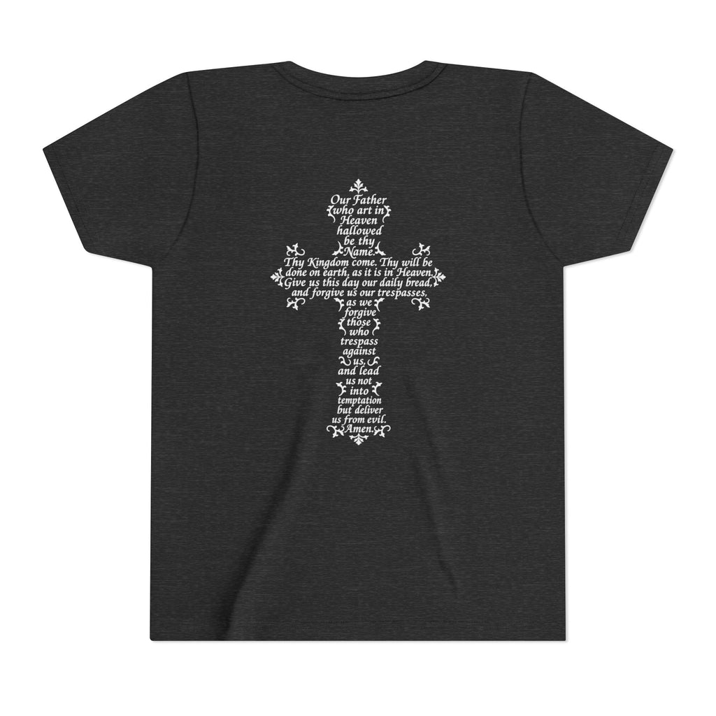 Youth Tee — White Our Father + Cross Religious Graphic