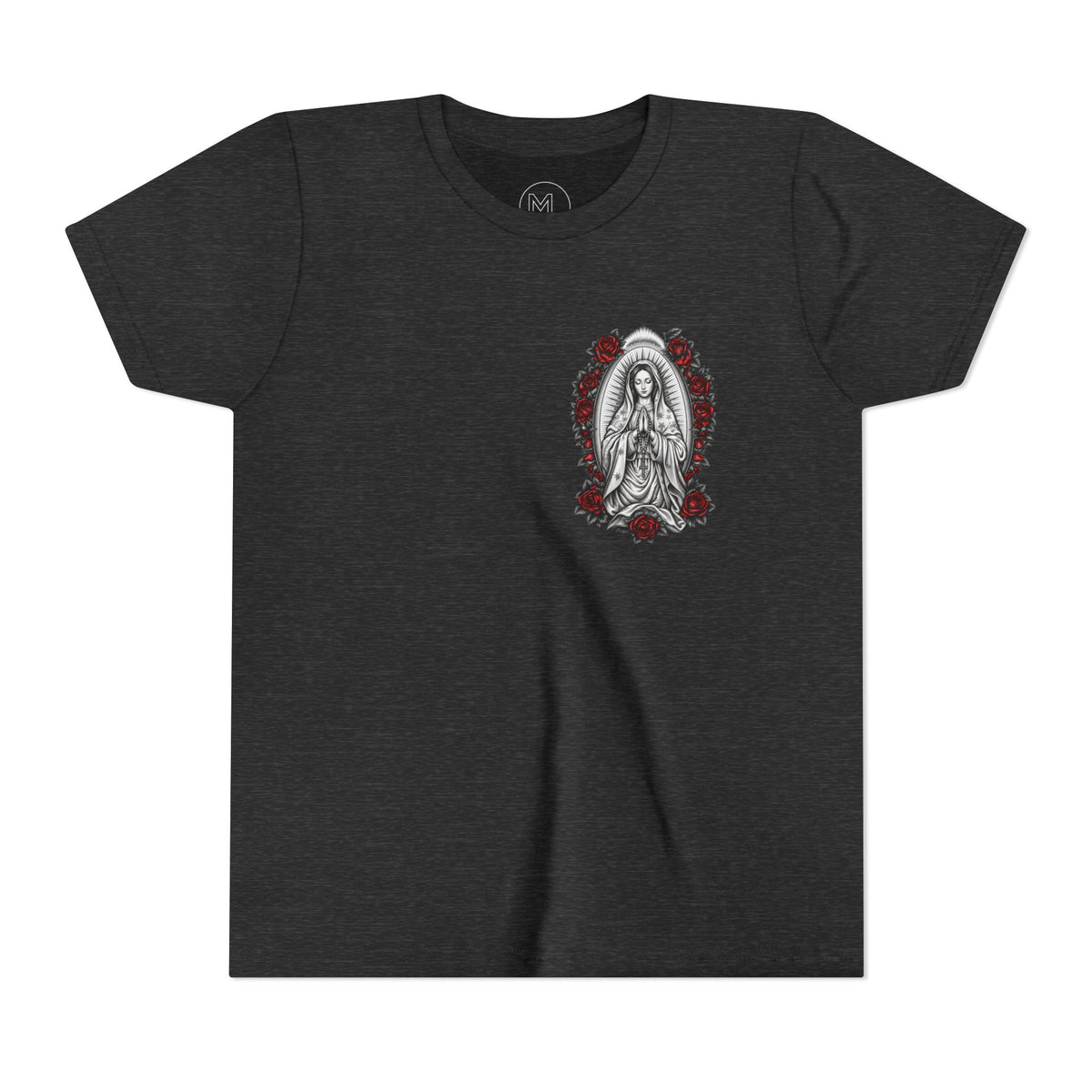 Youth Tee — Mary Red Roses Religious Graphic