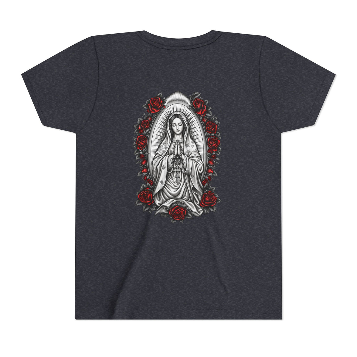 Youth Tee — Mary Red Roses Religious Graphic