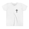 Youth Tee — Small Black Cross Front with Angel Back Religious Graphic