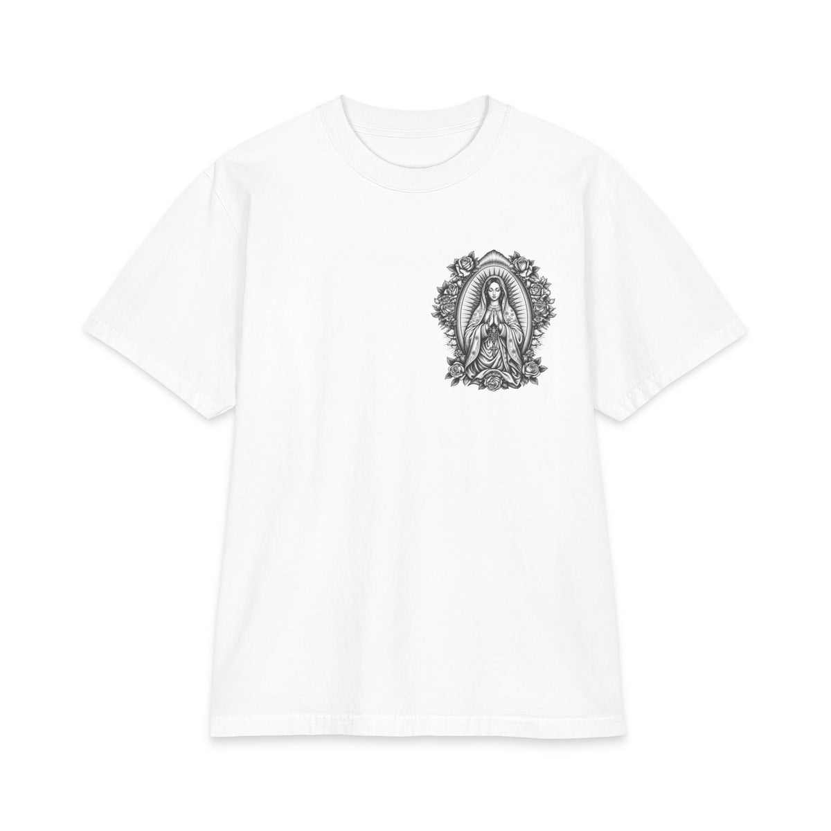Grey Wash Virgin Mary Sacred Heart Rose Graphic T-Shirt