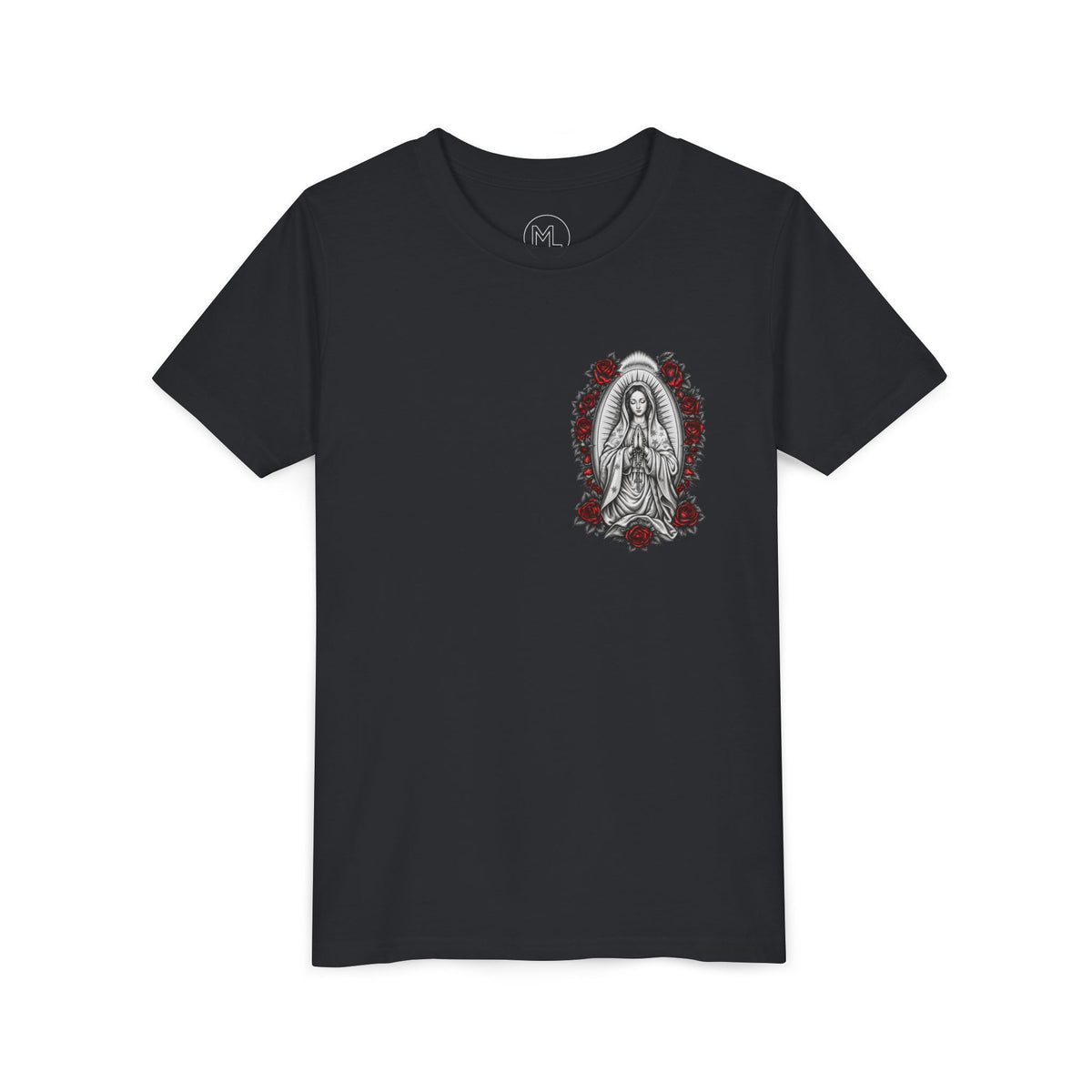 Youth Tee — Mary Red Roses Religious Graphic