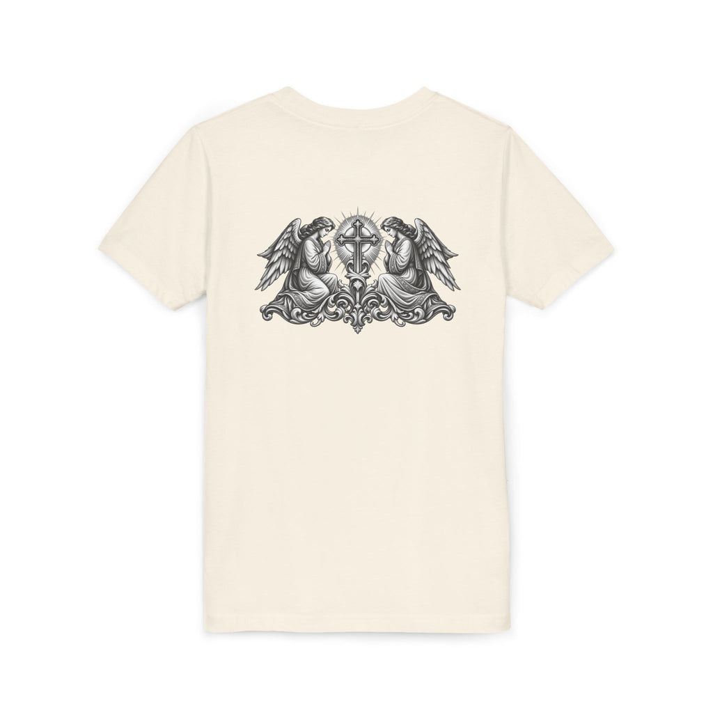 Youth Tee — Small Black Cross Front with Angel Back Religious Graphic