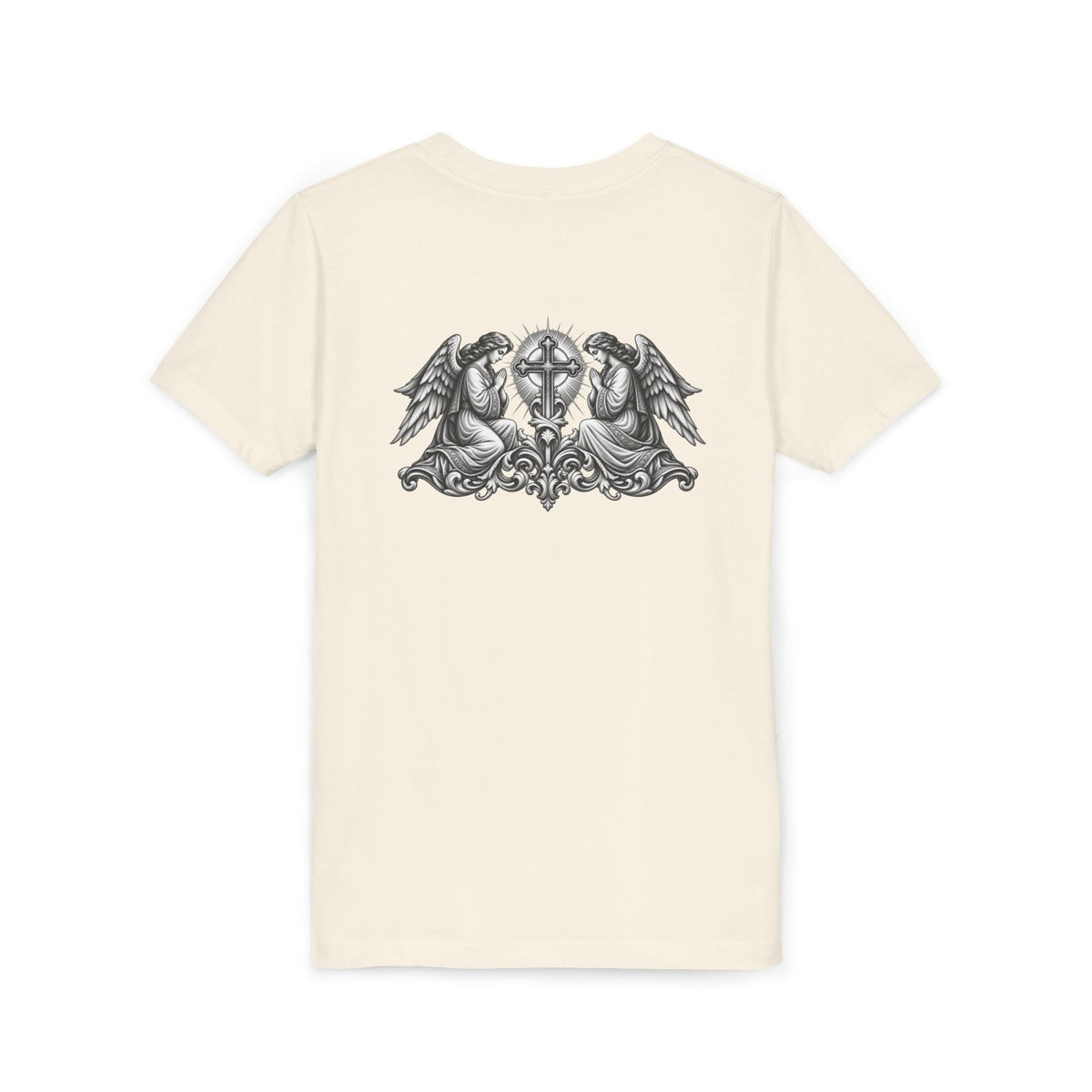 Youth Tee — Small Black Cross Front with Angel Back Religious Graphic