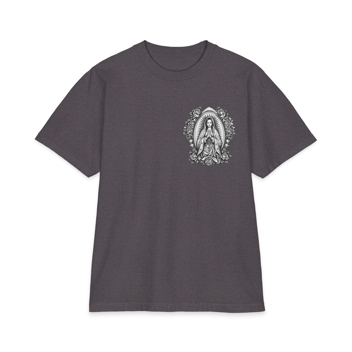 Grey Wash Virgin Mary Sacred Heart Rose Graphic T-Shirt