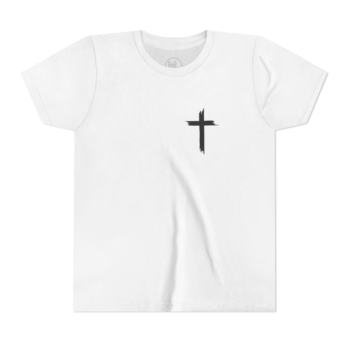 Youth Tee — Small Black Cross Front with Mary Religious Graphic