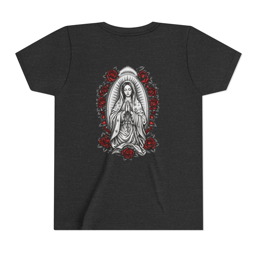 Youth Tee — Mary Red Roses Religious Graphic