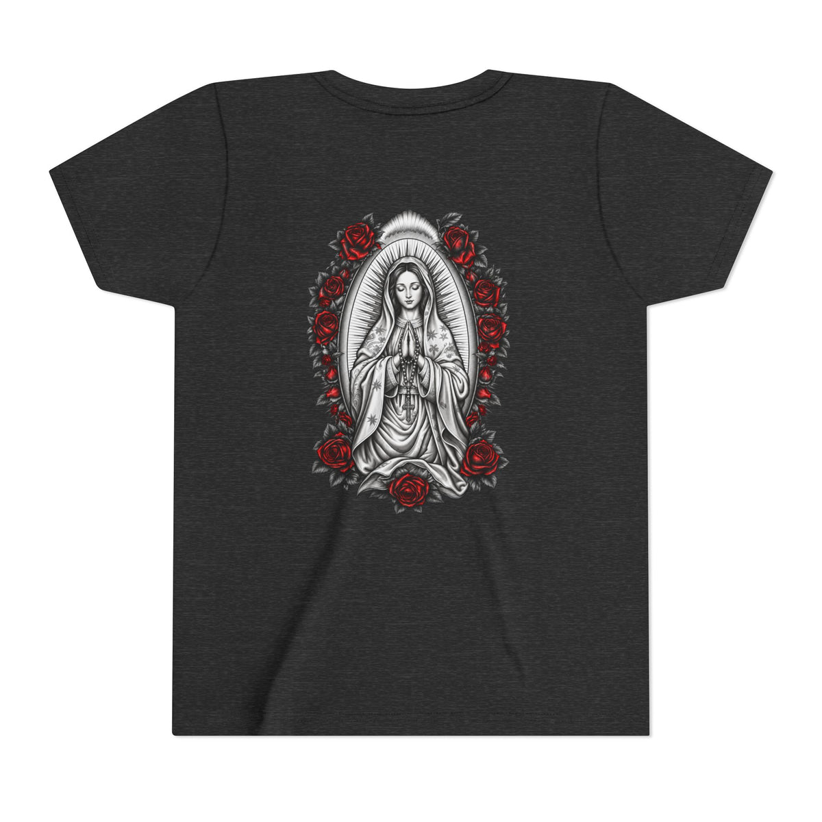 Youth Tee — Mary Red Roses Religious Graphic