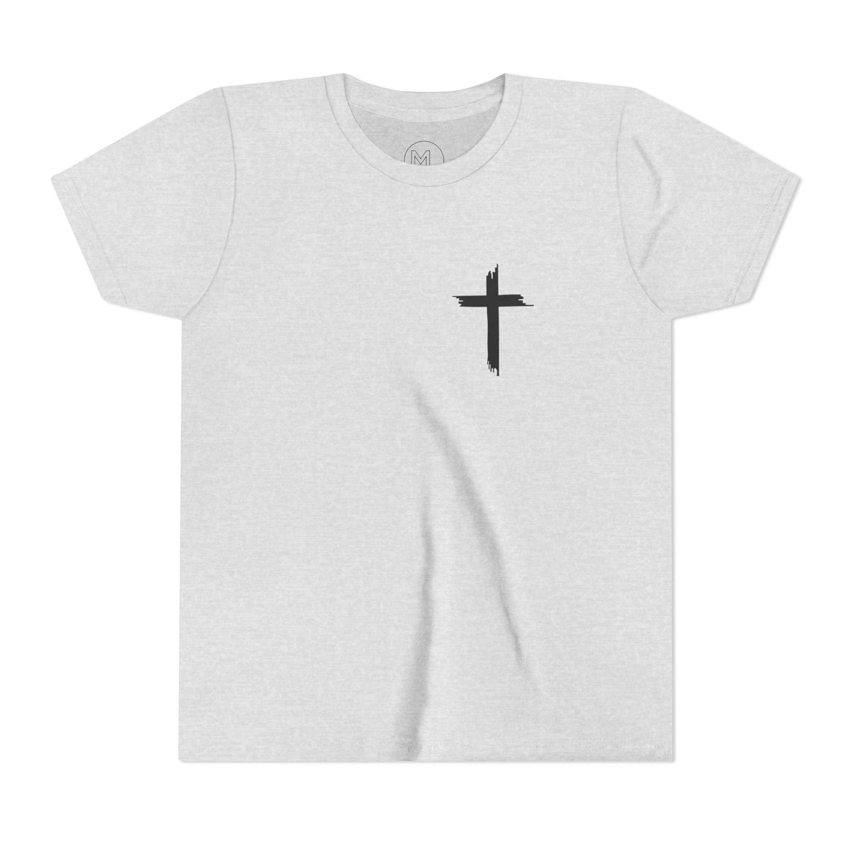 Youth Tee — Small Black Cross Front with Mary Religious Graphic