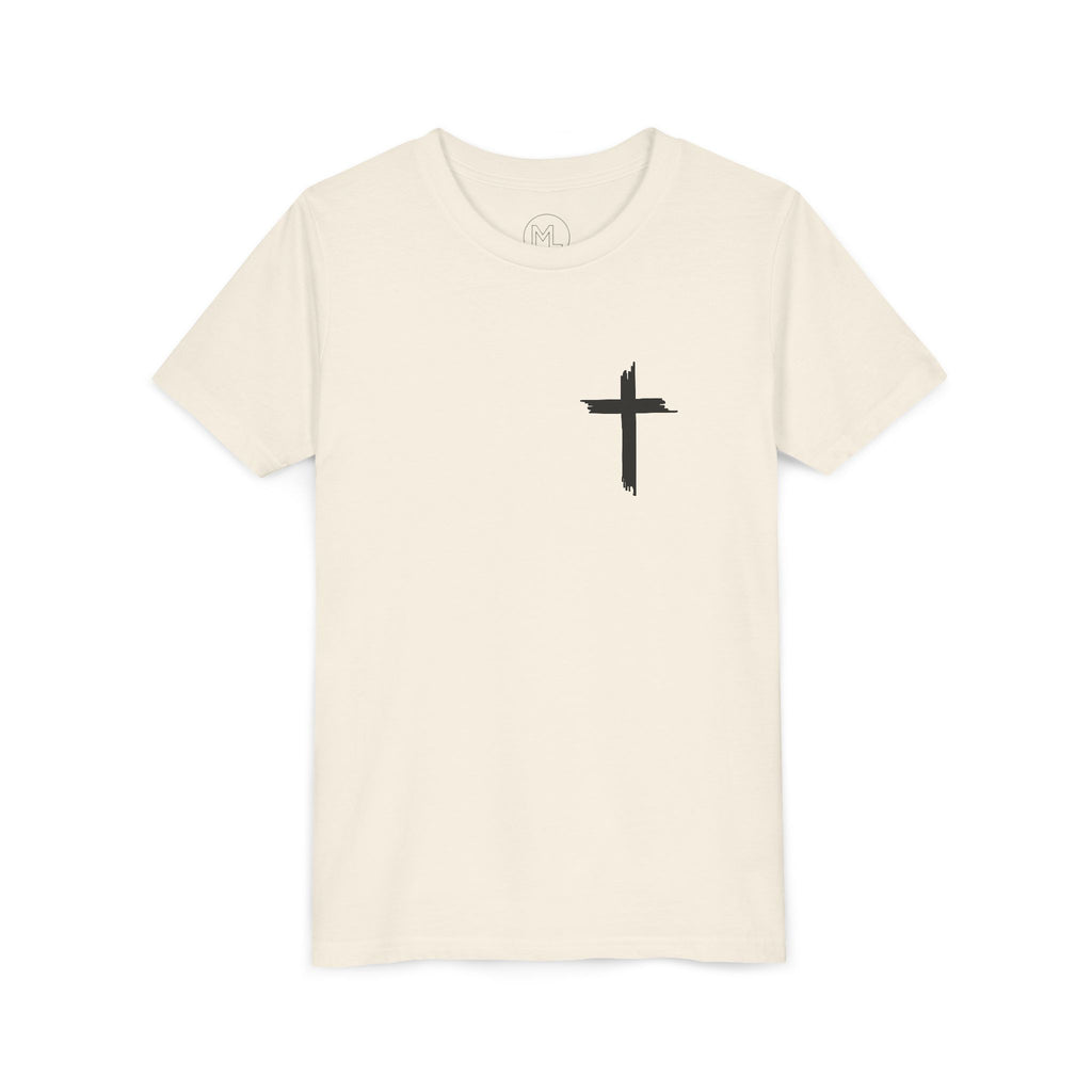 Youth Tee — Small Black Cross Front with Angel Back Religious Graphic