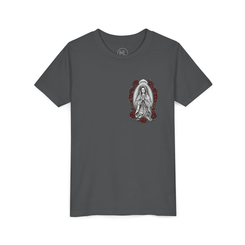 Youth Tee — Mary Red Roses Religious Graphic
