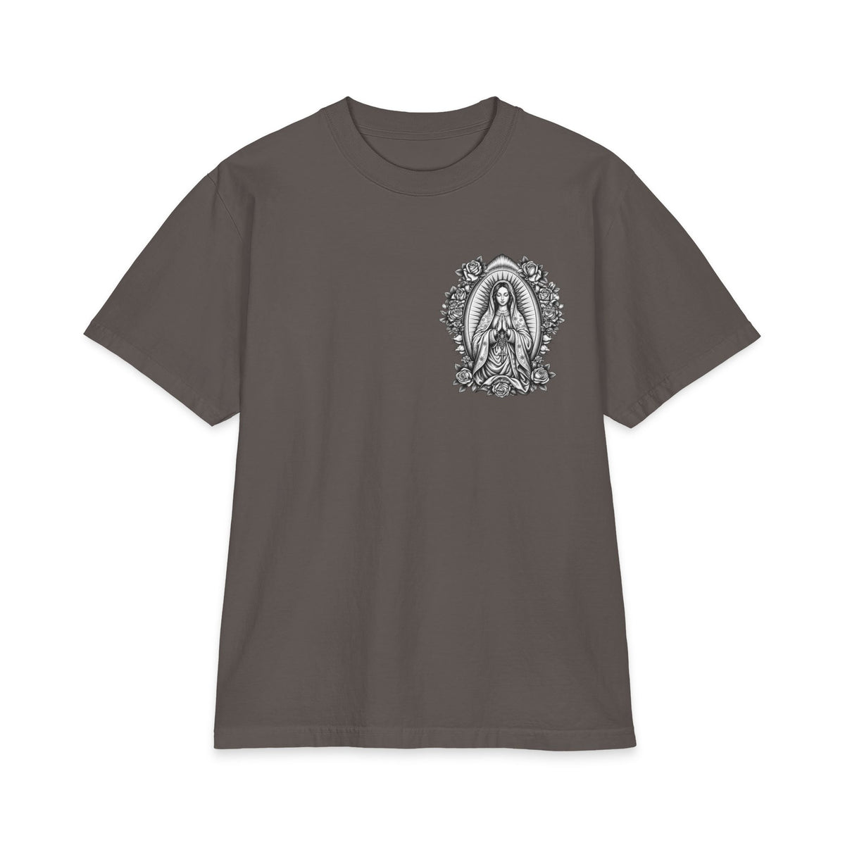 Grey Wash Virgin Mary Sacred Heart Rose Graphic T-Shirt
