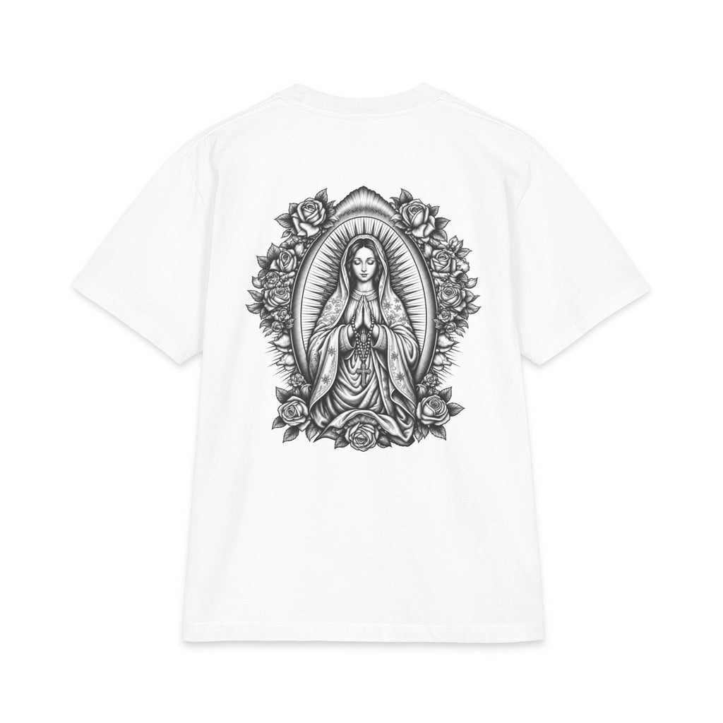 Grey Wash Virgin Mary Sacred Heart Rose Graphic T-Shirt