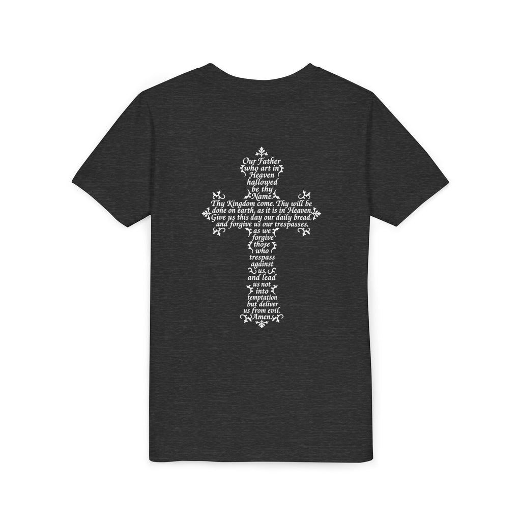 Youth Tee — White Our Father + Cross Religious Graphic