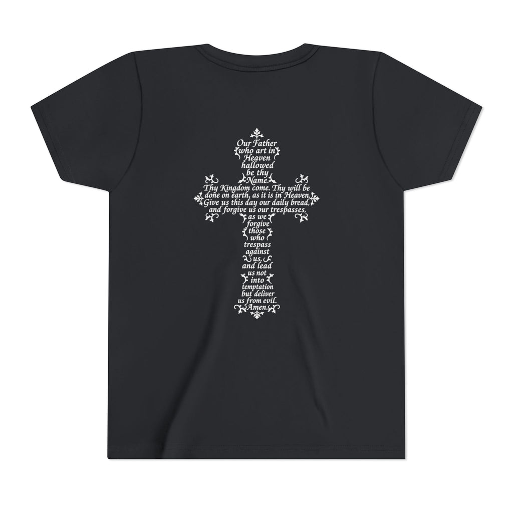 Youth Tee — White Our Father + Cross Religious Graphic