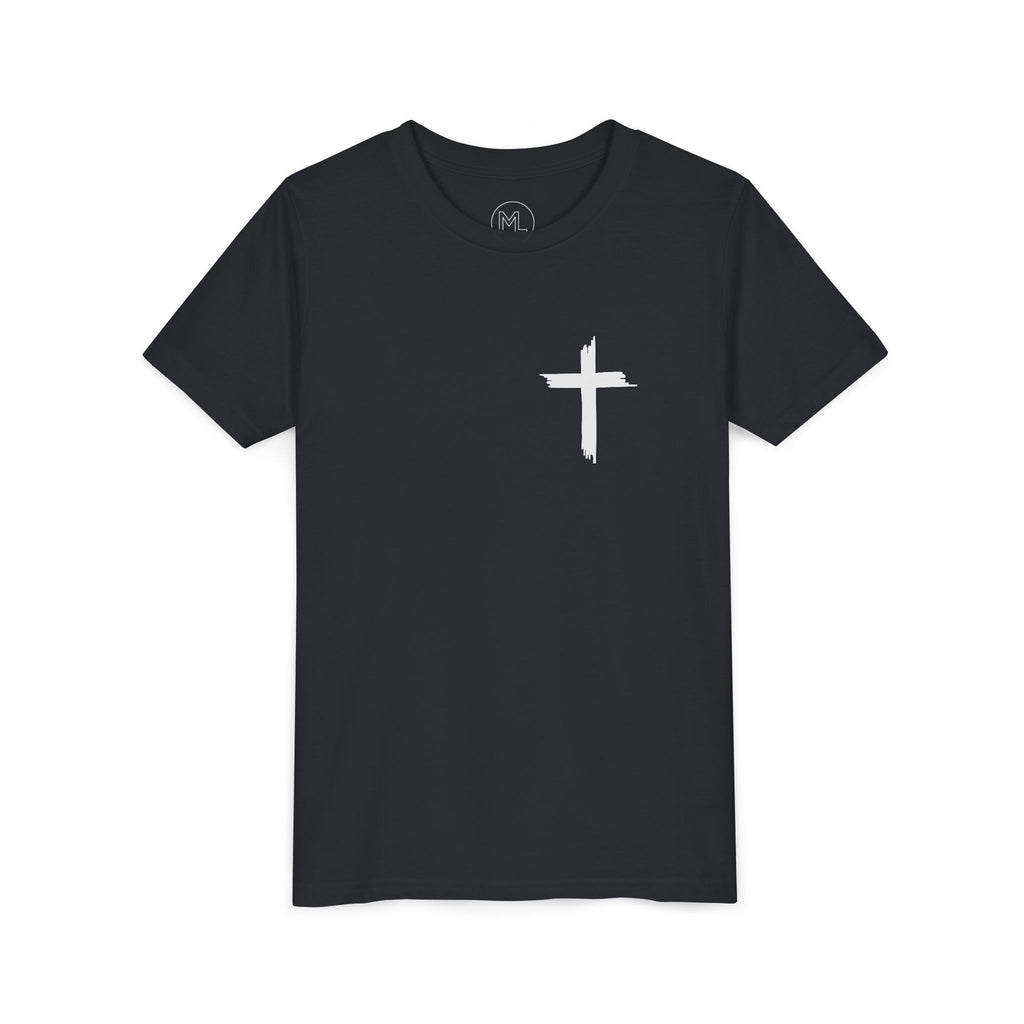 Youth Tee — White Our Father + Cross Religious Graphic