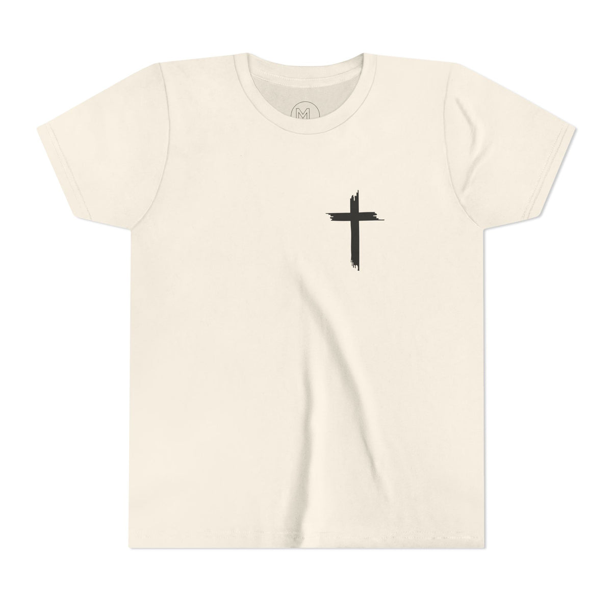 Youth Tee — Small Black Cross Front with Angel Back Religious Graphic