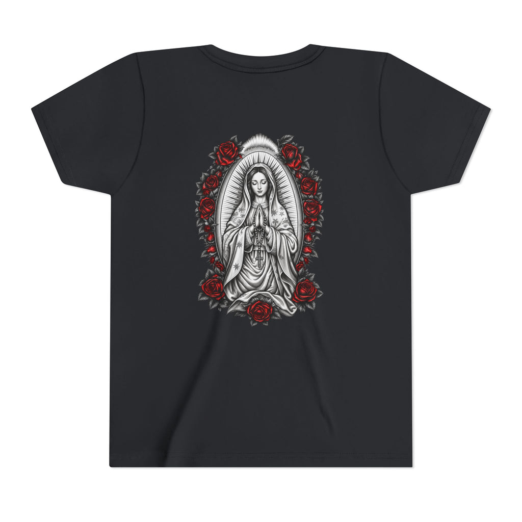 Youth Tee — Mary Red Roses Religious Graphic