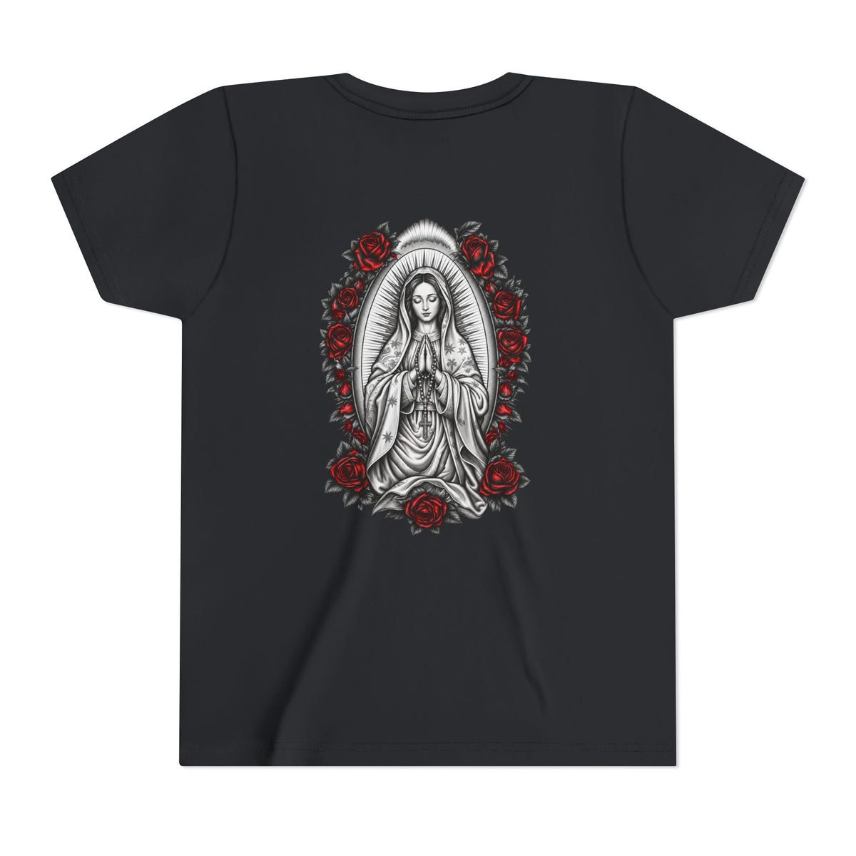 Youth Tee — Mary Red Roses Religious Graphic